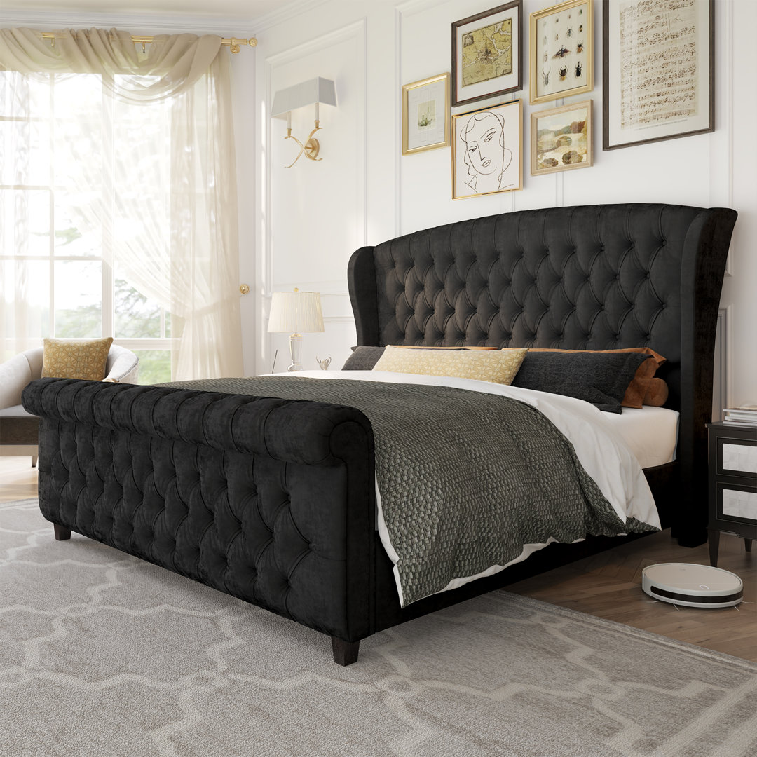 Dulane Chenille / Velvet Upholstered Sleigh Bed with Scroll Wingback Headboard